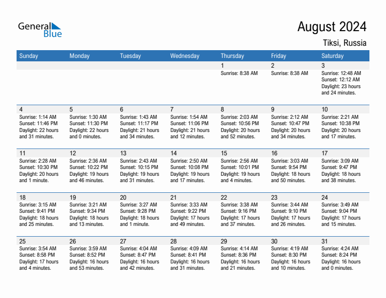 Tiksi August 2024 sunrise and sunset calendar in PDF, Excel, and Word