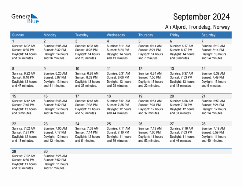 A i Afjord September 2024 sunrise and sunset calendar in PDF, Excel, and Word