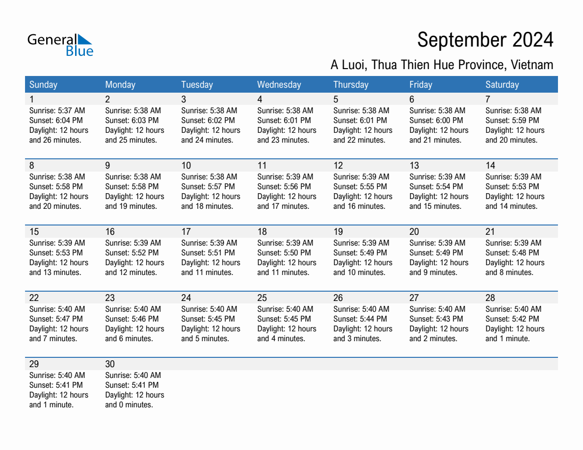 September 2024 sunrise and sunset calendar for A Luoi