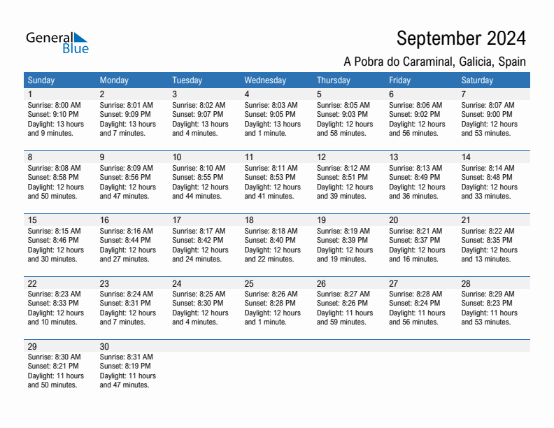 A Pobra do Caraminal September 2024 sunrise and sunset calendar in PDF, Excel, and Word