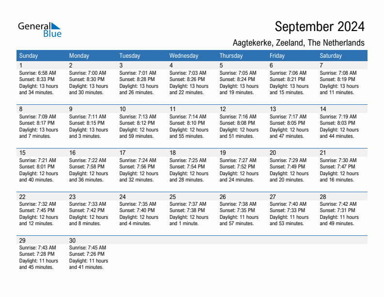 Aagtekerke September 2024 sunrise and sunset calendar in PDF, Excel, and Word