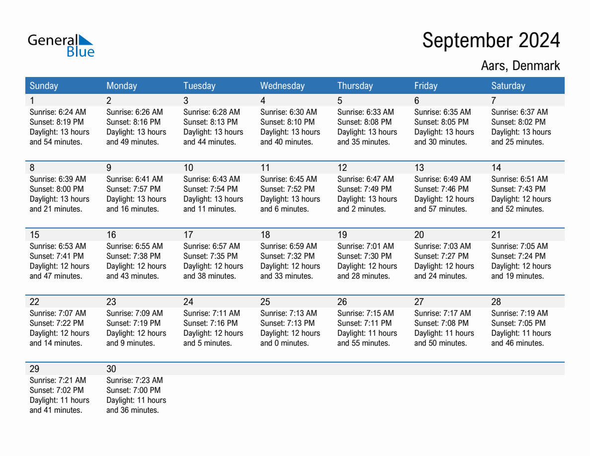 September 2024 sunrise and sunset calendar for Aars