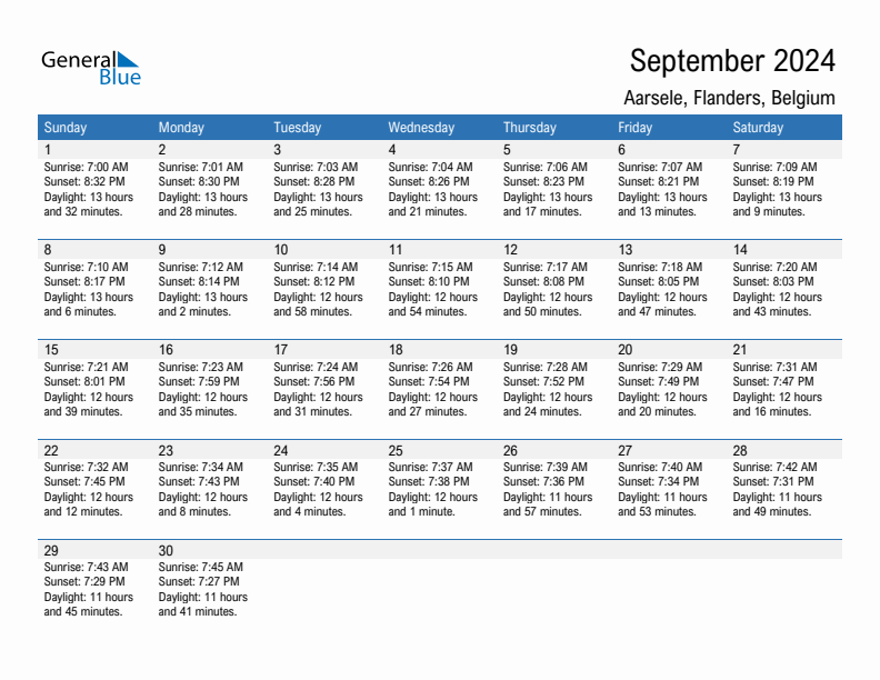 Aarsele September 2024 sunrise and sunset calendar in PDF, Excel, and Word