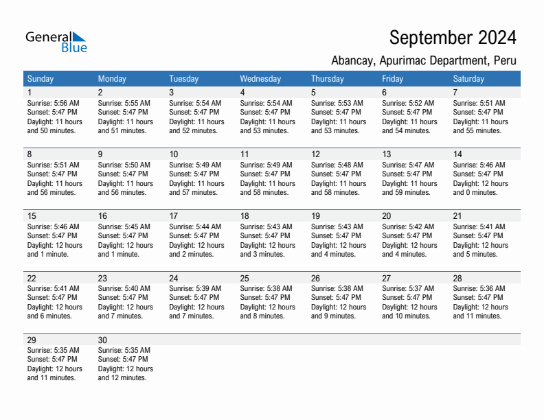 Abancay September 2024 sunrise and sunset calendar in PDF, Excel, and Word