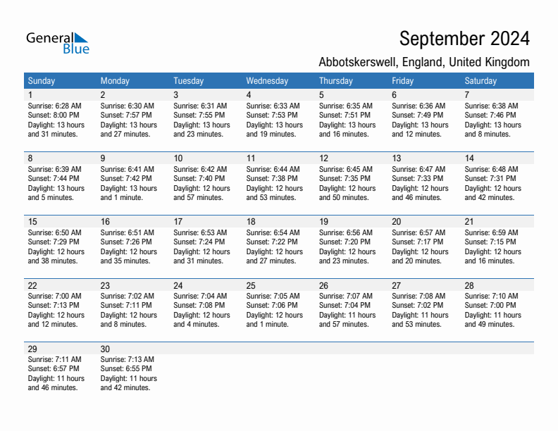 Abbotskerswell September 2024 sunrise and sunset calendar in PDF, Excel, and Word