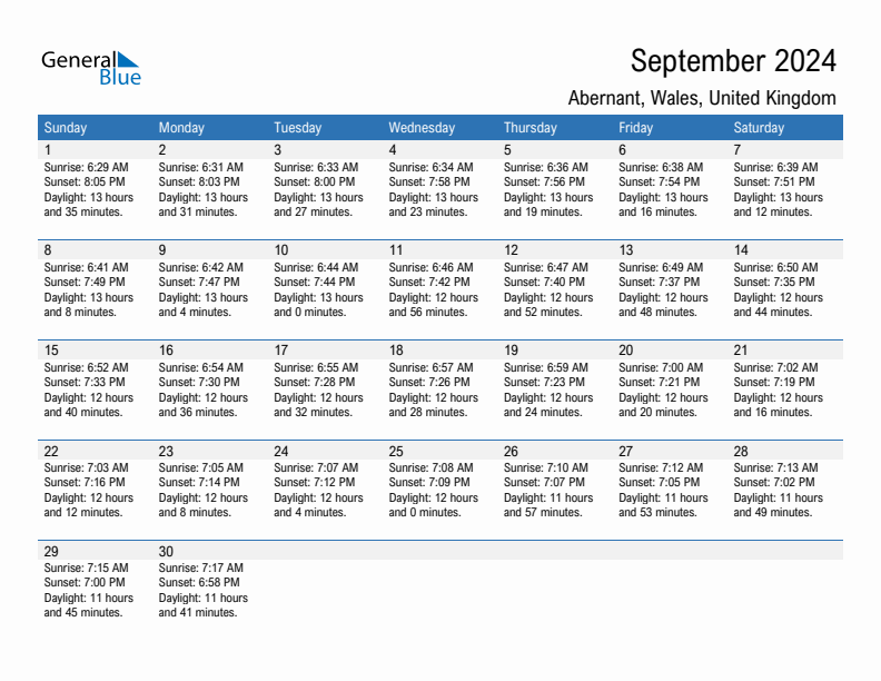 Abernant September 2024 sunrise and sunset calendar in PDF, Excel, and Word