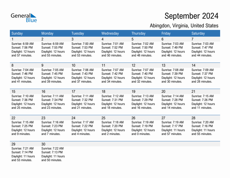 Abingdon September 2024 sunrise and sunset calendar in PDF, Excel, and Word