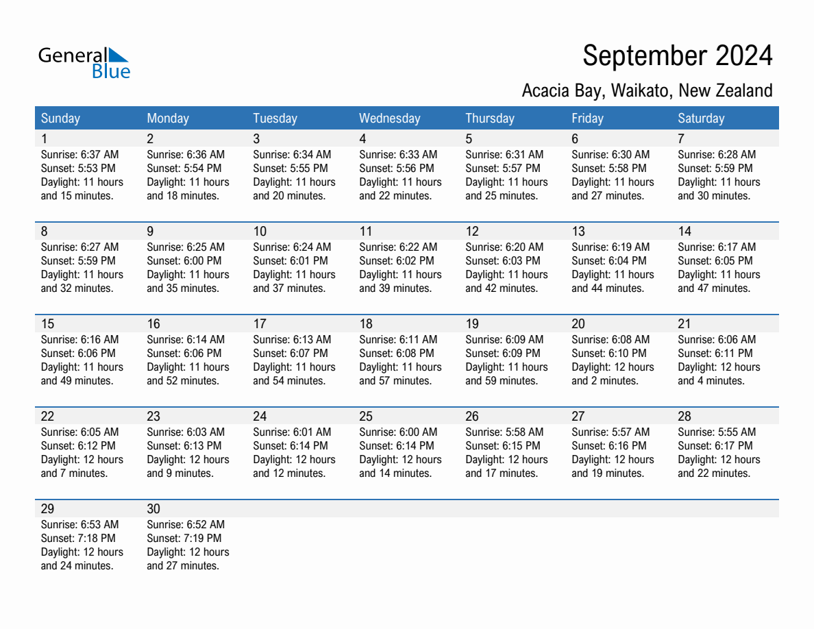 September 2024 sunrise and sunset calendar for Acacia Bay