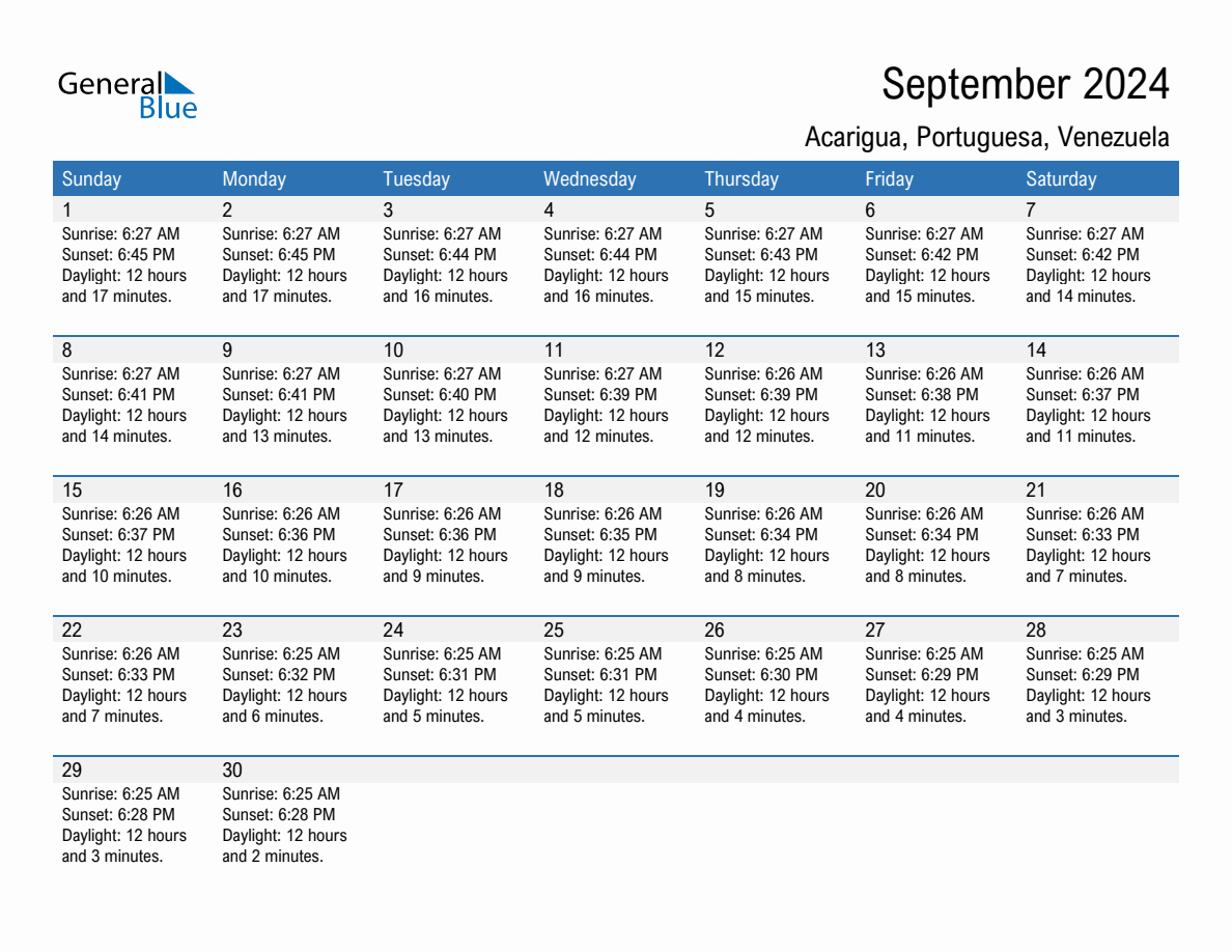 September 2024 sunrise and sunset calendar for Acarigua