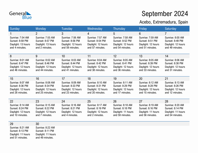 Acebo September 2024 sunrise and sunset calendar in PDF, Excel, and Word