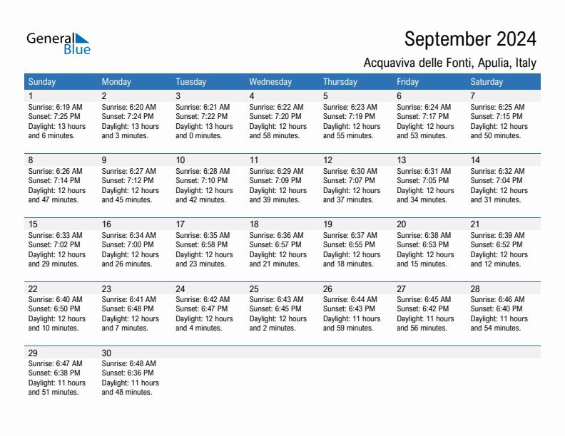 Acquaviva delle Fonti September 2024 sunrise and sunset calendar in PDF, Excel, and Word