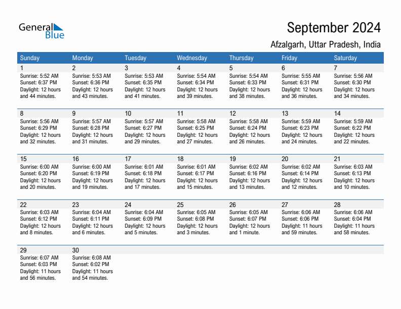 Afzalgarh September 2024 sunrise and sunset calendar in PDF, Excel, and Word