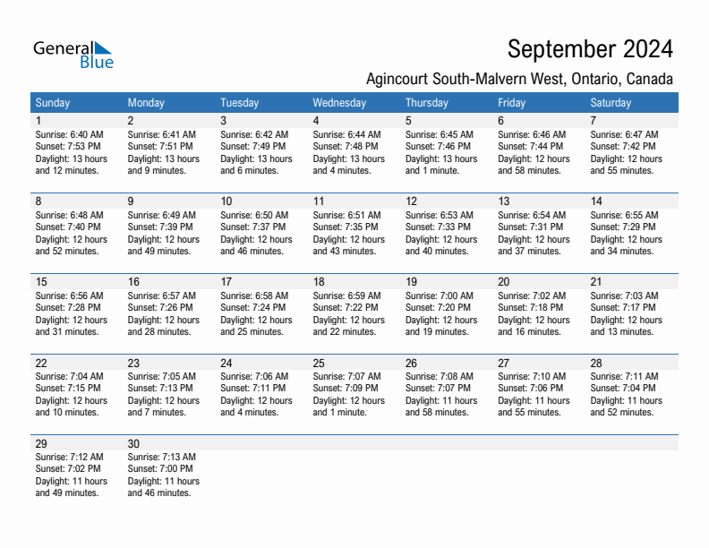 Agincourt South-Malvern West September 2024 sunrise and sunset calendar in PDF, Excel, and Word