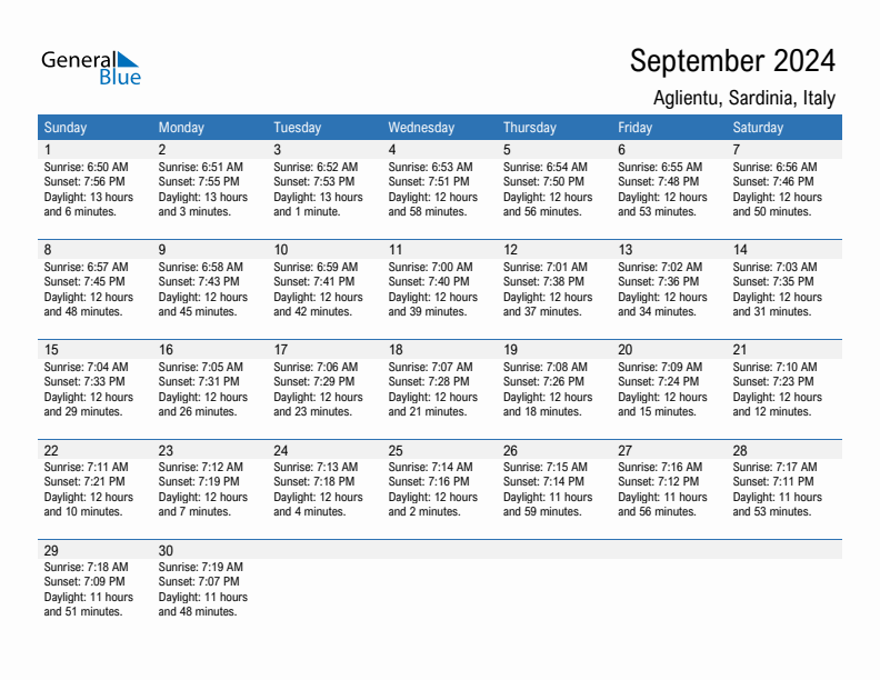 Aglientu September 2024 sunrise and sunset calendar in PDF, Excel, and Word