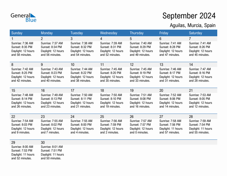 Aguilas September 2024 sunrise and sunset calendar in PDF, Excel, and Word