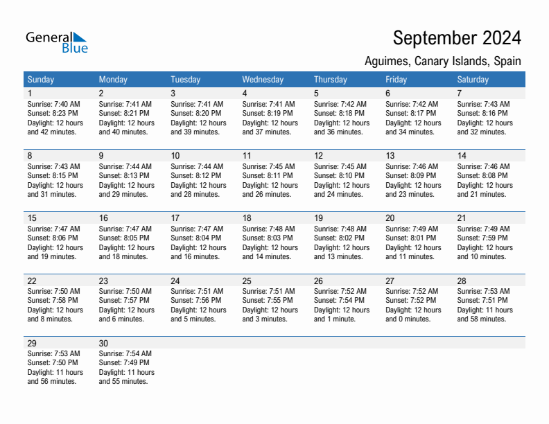 Aguimes September 2024 sunrise and sunset calendar in PDF, Excel, and Word