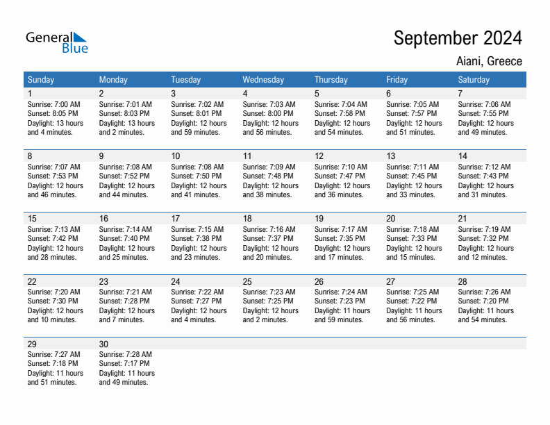 Aiani September 2024 sunrise and sunset calendar in PDF, Excel, and Word