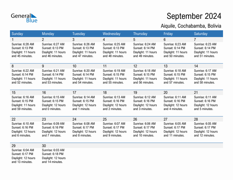 Aiquile September 2024 sunrise and sunset calendar in PDF, Excel, and Word