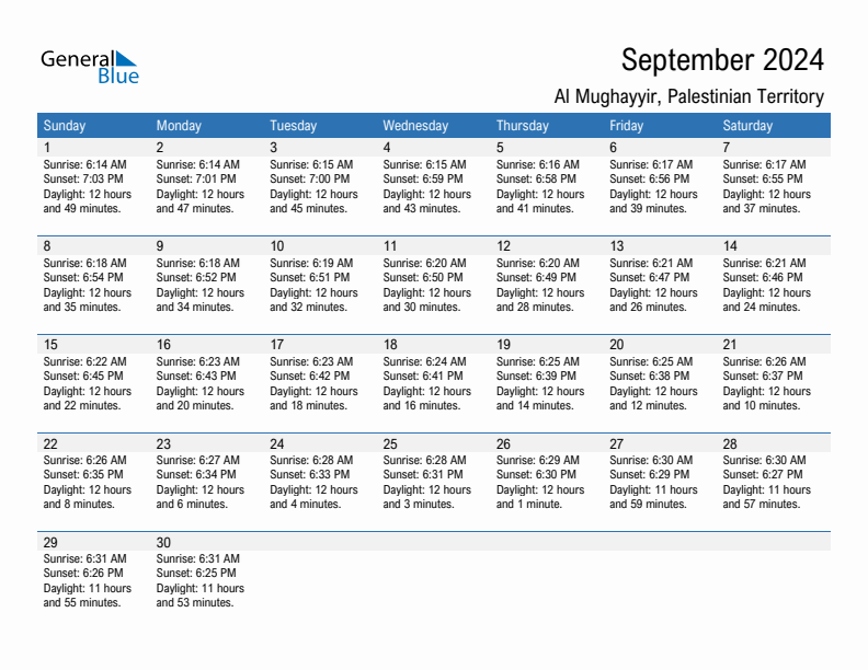 Al Mughayyir September 2024 sunrise and sunset calendar in PDF, Excel, and Word