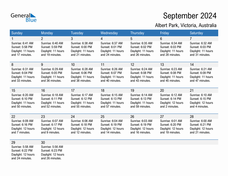 Albert Park September 2024 sunrise and sunset calendar in PDF, Excel, and Word