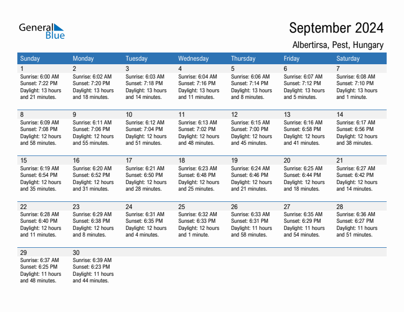 Albertirsa September 2024 sunrise and sunset calendar in PDF, Excel, and Word