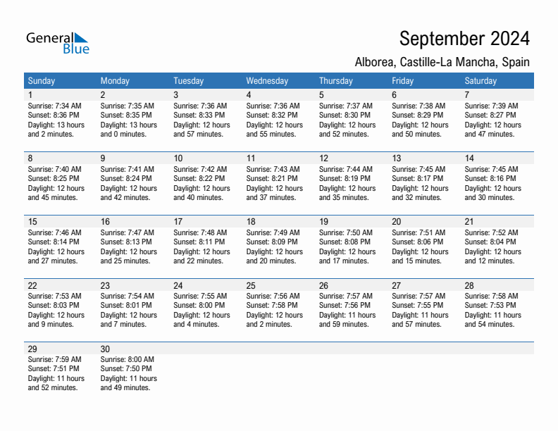 Alborea September 2024 sunrise and sunset calendar in PDF, Excel, and Word