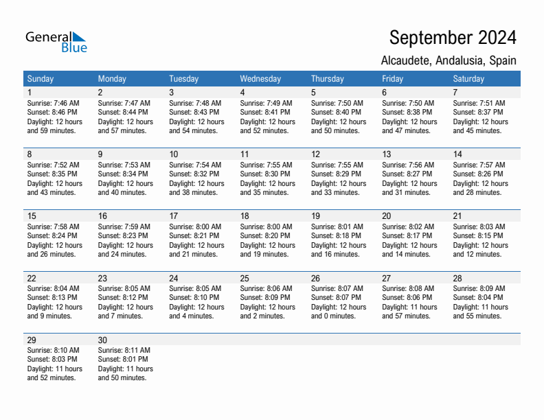 Alcaudete September 2024 sunrise and sunset calendar in PDF, Excel, and Word