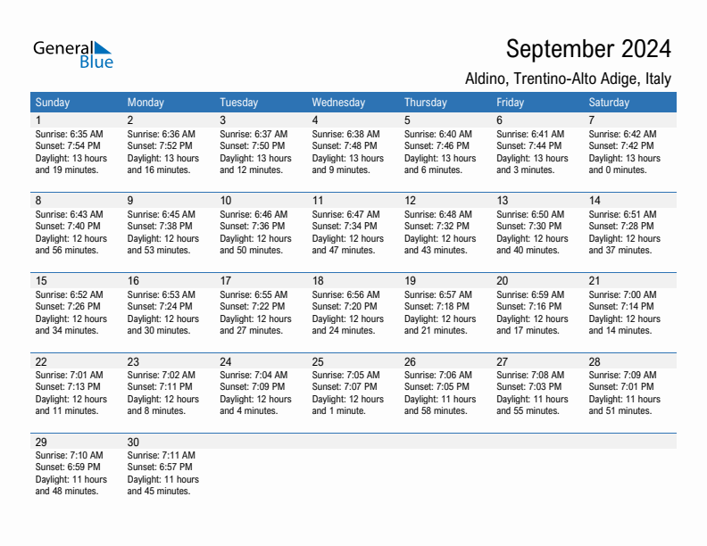 Aldino September 2024 sunrise and sunset calendar in PDF, Excel, and Word