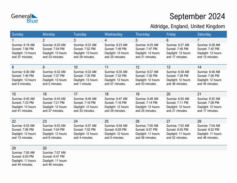 Aldridge September 2024 sunrise and sunset calendar in PDF, Excel, and Word