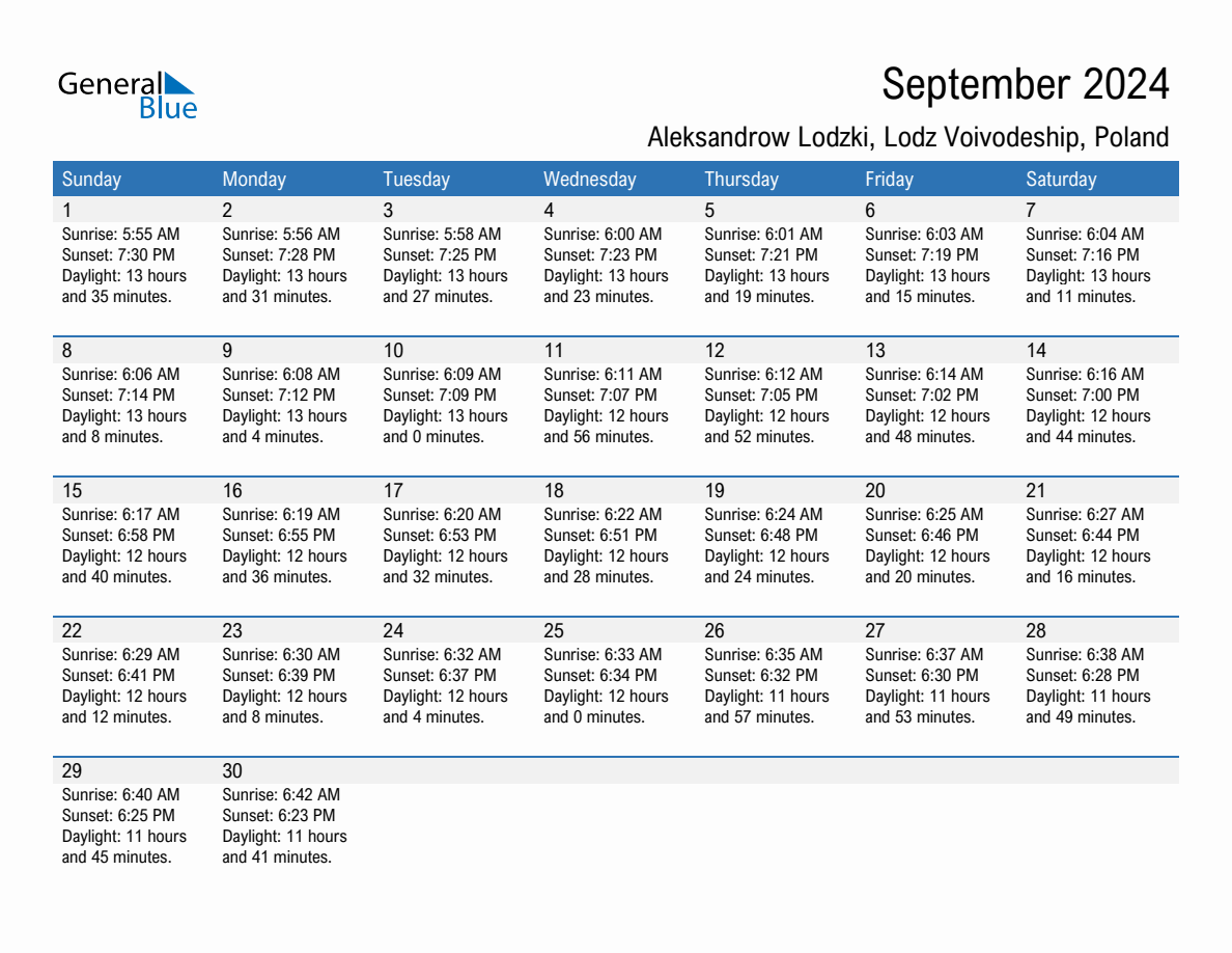 September 2024 sunrise and sunset calendar for Aleksandrow Lodzki