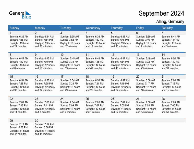 Alling September 2024 sunrise and sunset calendar in PDF, Excel, and Word