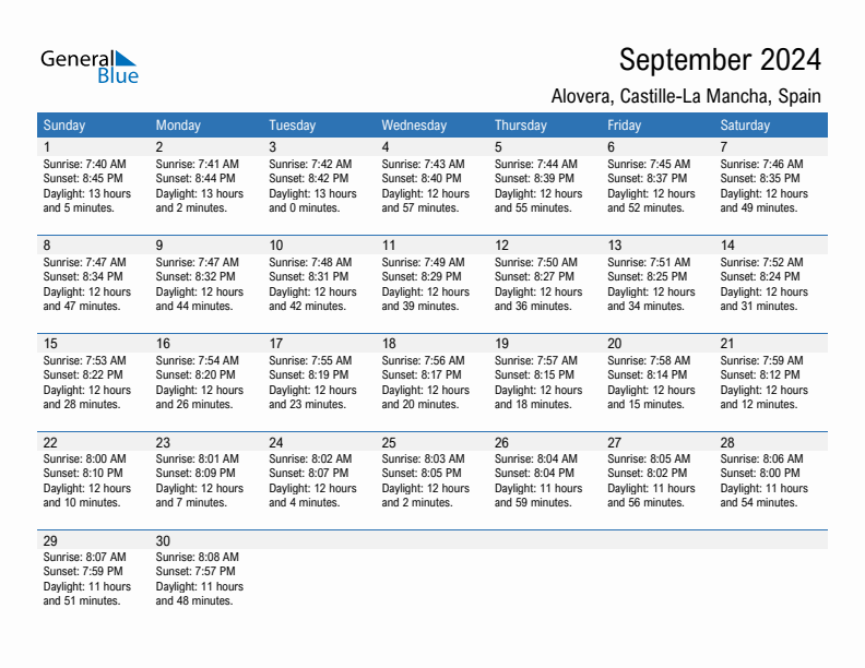 Alovera September 2024 sunrise and sunset calendar in PDF, Excel, and Word