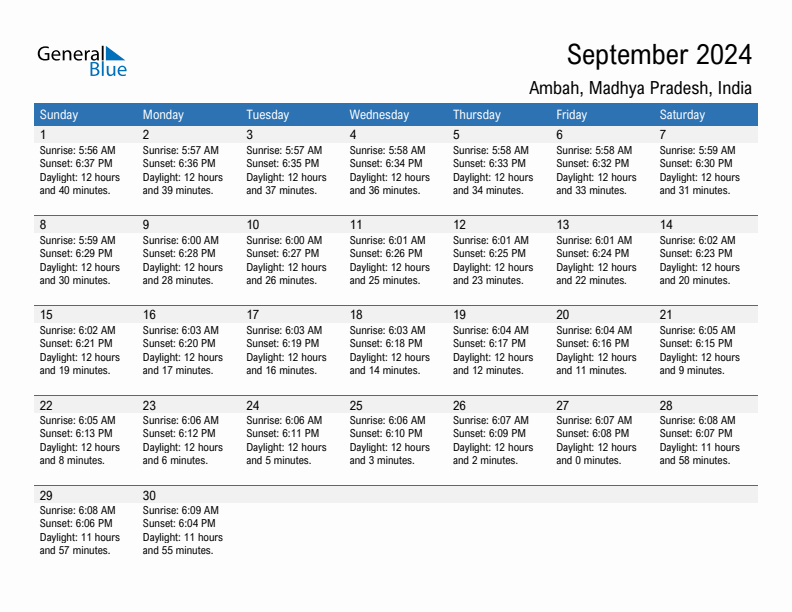 Ambah September 2024 sunrise and sunset calendar in PDF, Excel, and Word