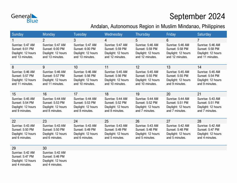 Andalan September 2024 sunrise and sunset calendar in PDF, Excel, and Word