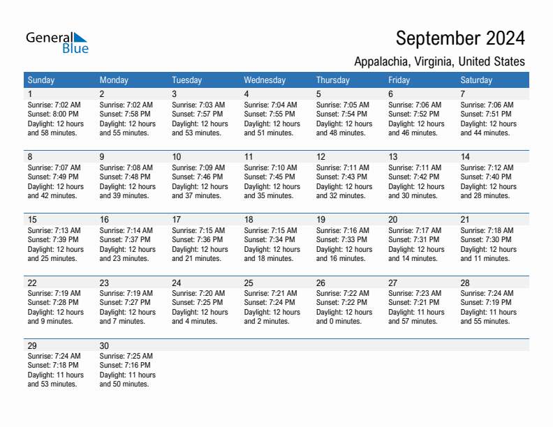 Appalachia September 2024 sunrise and sunset calendar in PDF, Excel, and Word