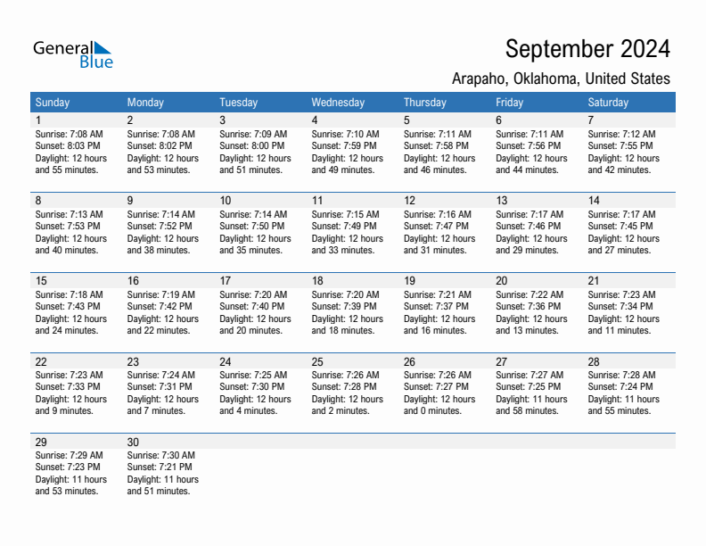 Arapaho September 2024 sunrise and sunset calendar in PDF, Excel, and Word