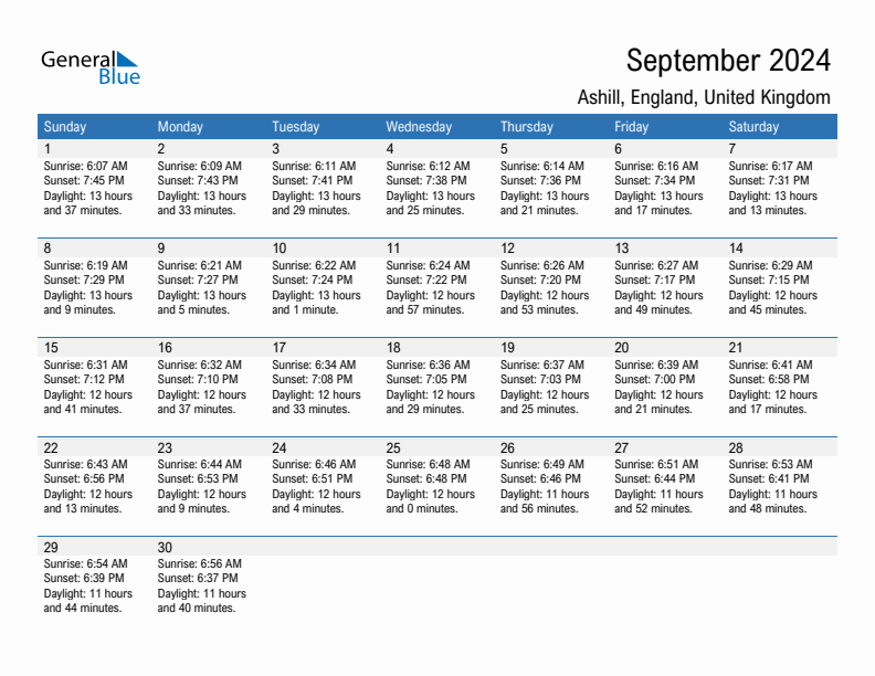 Ashill September 2024 sunrise and sunset calendar in PDF, Excel, and Word