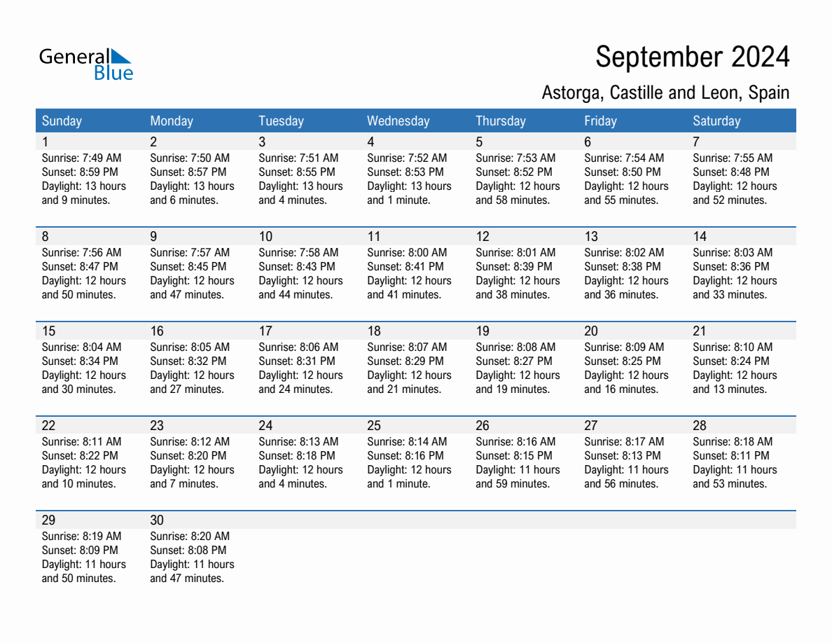 September 2024 sunrise and sunset calendar for Astorga