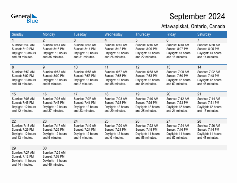 Attawapiskat September 2024 sunrise and sunset calendar in PDF, Excel, and Word