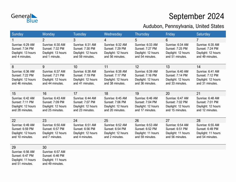 Audubon September 2024 sunrise and sunset calendar in PDF, Excel, and Word