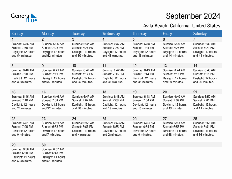 Avila Beach September 2024 sunrise and sunset calendar in PDF, Excel, and Word