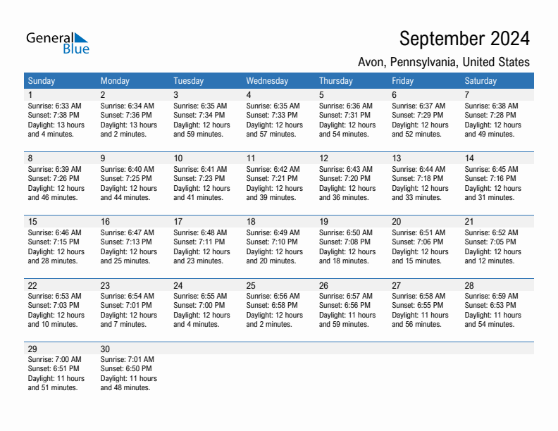 Avon September 2024 sunrise and sunset calendar in PDF, Excel, and Word