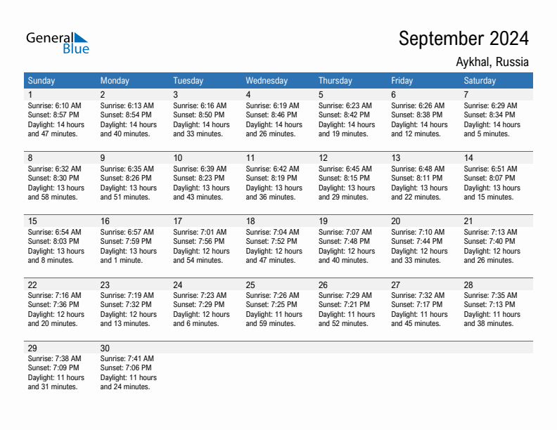 Aykhal September 2024 sunrise and sunset calendar in PDF, Excel, and Word