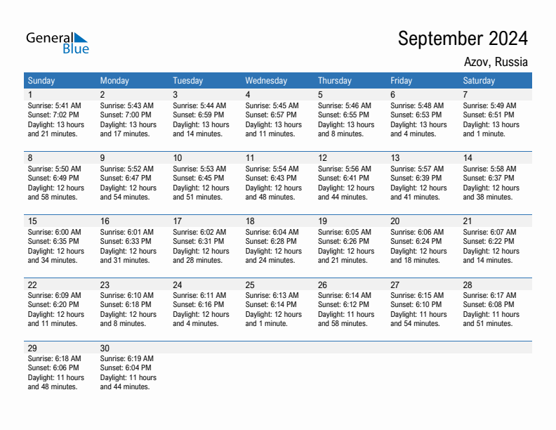 Azov September 2024 sunrise and sunset calendar in PDF, Excel, and Word