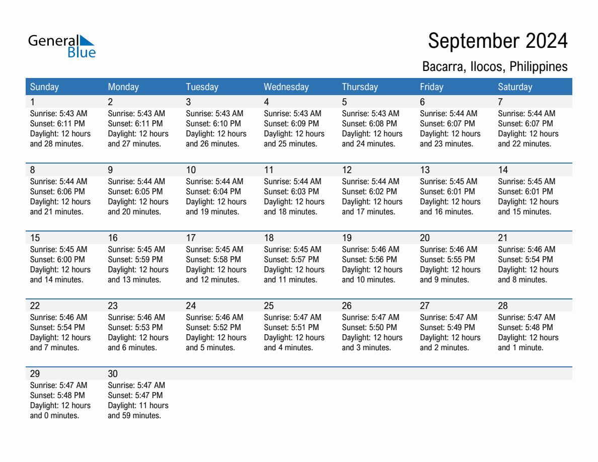 September 2024 sunrise and sunset calendar for Bacarra