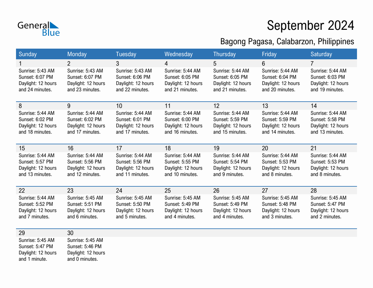 September 2024 sunrise and sunset calendar for Bagong Pagasa