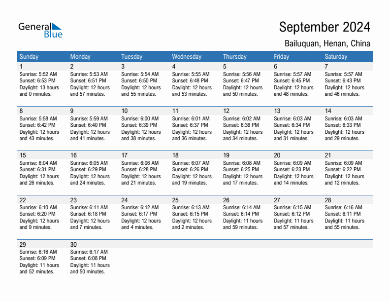 Bailuquan September 2024 sunrise and sunset calendar in PDF, Excel, and Word