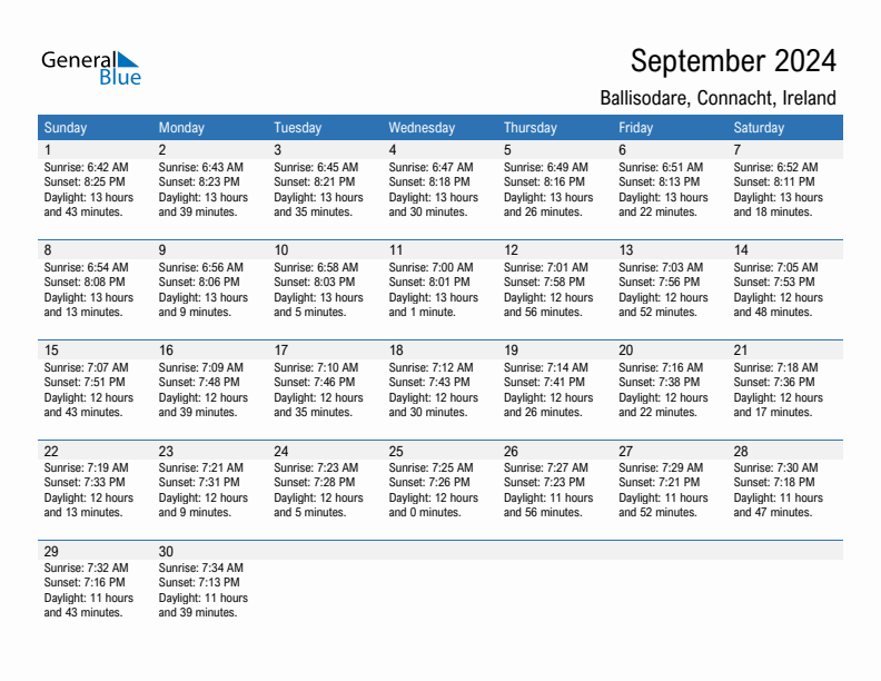 Ballisodare September 2024 sunrise and sunset calendar in PDF, Excel, and Word