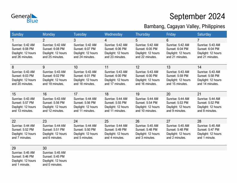 Bambang September 2024 sunrise and sunset calendar in PDF, Excel, and Word