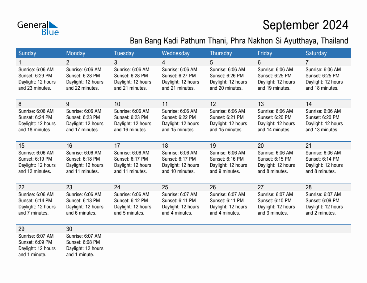 September 2024 sunrise and sunset calendar for Ban Bang Kadi Pathum Thani